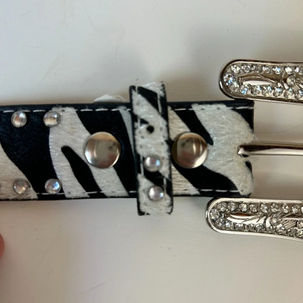 Nocona Belt Girls 26 Western Zebra Calfskin Bling Rhinestone Big Buckle Rodeo